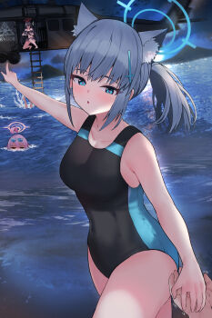 1other 3girls absurdres ahoge aircraft animal_ear_fluff animal_ears bare_arms bare_shoulders bikini black_bikini black_hair black_one-piece_swimsuit black_swimsuit blue_archive blue_eyes blue_halo blush breasts cat_ears collarbone competition_swimsuit covered_navel cowboy_shot cross_hair_ornament extra_ears eyewear_on_head frilled_bikini frills grey_hair gun hair_between_eyes hair_ornament halo helicopter heterochromia highres holding holding_gun holding_weapon hoshino_(blue_archive) hoshino_(swimsuit)_(blue_archive) long_hair looking_at_viewer medium_breasts medium_hair mi_taro333 mismatched_pupils multiple_girls night ocean one-piece_swimsuit open_mouth outdoors parted_lips pink_hair pink_halo serika_(blue_archive) serika_(swimsuit)_(blue_archive) shiroko_(blue_archive) shiroko_(swimsuit)_(blue_archive) sunglasses swimsuit twintails water weapon wolf_ears yellow_eyes
