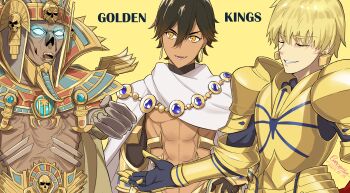 2023 3boys absurdres ancient_egyptian ancient_egyptian_clothes armor artist_name black_hair blonde_hair brown_hair caravthir closed_eyes corpse crossover dark-skinned_male dark_skin earrings fake_goatee fate/grand_order fate_(series) gilgamesh_(fate) hair_between_eyes highres jewelry male_focus multiple_boys mummy ozymandias_(fate) pharaoh settra_the_imperishable short_hair shrugging signature smile tomb_kings trait_connection undead usekh_collar warhammer_fantasy yellow_eyes
