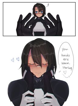 ! !! 2girls absurdres android black_hair blue_eyes blush closed_eyes commentary english_commentary eule_(signalis) hands_on_another's_cheeks hands_on_another's_face heart highres holding_another's_wrist luft_(luft_sch) multiple_girls out_of_frame pov pov_hands sequential short_hair signalis simple_background skin_seams smile speech_bubble star_(signalis) white_background yuri