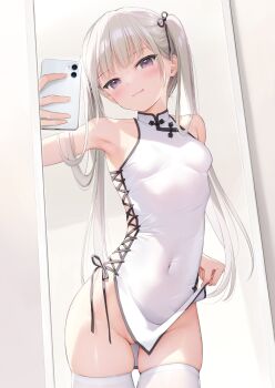 1girl :q ame_(mignon) armpits bare_shoulders blush breasts cellphone china_dress chinese_clothes closed_mouth clothes_lift collarbone contrapposto covered_navel dress female_pov flashing highres holding holding_phone lifting_own_clothes long_hair looking_at_viewer melonbooks microdress mignon mirror mirror_selfie no_panties original phone pov purple_eyes reaching reaching_towards_viewer reflection selfie side_slit skindentation small_breasts smartphone smile solo taking_picture thighhighs third-party_edit tongue tongue_out twintails white_dress white_thighhighs