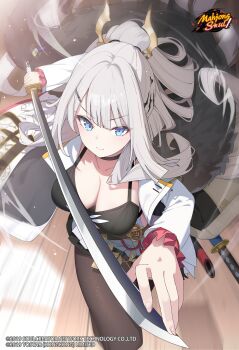 1girl absurdres bikini bikini_top_only black_bikini black_choker black_skirt blue_eyes breasts brown_pantyhose choker cleavage closed_mouth coat hair_ornament highres holding holding_sword holding_weapon hukahire0120 katana large_breasts long_hair long_sleeves looking_at_viewer mahjong_soul miniskirt open_clothes open_coat pantyhose pleated_skirt saionji_kazuha skirt solo swimsuit sword v-shaped_eyebrows weapon white_coat white_hair