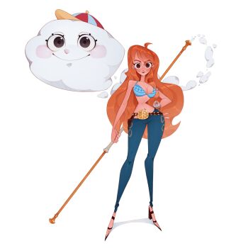 1girl bikini bikini_top_only bluelemondraws commentary denim full_body hat highres holding holding_staff jeans log_pose long_hair looking_at_viewer nami_(one_piece) one_piece orange_hair pants simple_background smile staff swimsuit white_background zeus_(one_piece)