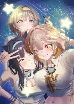 3girls absurdres ahoge anis_(nikke) anis_(star)_(t.t._star)_(nikke) aqua_headband arm_around_neck black_hair blue_eyes blue_headband breasts brown_hair cat_ornament cleavage closed_mouth commentary_request finger_heart goddess_of_victory:_nikke grey_hair grin hair_ornament hairband headband highres idol large_breasts long_hair looking_at_viewer midriff mint_(nikke) multiple_girls navel necktie official_alternate_costume open_mouth plaid_clothes plaid_necktie prika_(nikke) rilyriri shirt short_hair smile star_(symbol) t.t._star_(nikke) teeth w white_shirt yellow_necktie