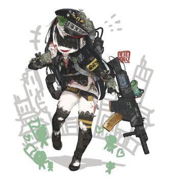 1girl armband belt black_hair black_hat black_thighhighs blood corded_phone dubback_2 full_body gun hair_over_eyes hand_on_own_face hat holding holding_gun holding_weapon indie_virtual_youtuber loli long_hair long_sleeves marimo mesugaki name_tag navel necktie open_mouth pale_skin panties peaked_cap phone red_necktie rifle scope shirt shoes solo thighhighs torn_clothes torn_thighhighs underwear virtual_youtuber weapon zombie