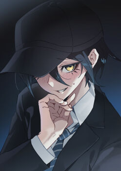 1boy absurdres baseball_cap black_hat black_jacket blush collared_shirt danganronpa_(series) danganronpa_v3:_killing_harmony hand_up hat highres jacket long_sleeves necktie official_alternate_costume saihara_shuichi shirt smile solo striped_necktie teeth ttegi_(ddeck_dg) white_shirt yellow_eyes