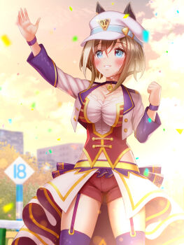 1girl animal_ears blue_eyes blue_sky blush bodice breasts brown_hair cheval_grand_(umamusume) choker cleavage cloud collarbone commentary_request confetti corset cropped_jacket ear_covers ears_through_headwear garter_straps hair_between_eyes hat highres horse_ears horse_girl jacket large_breasts long_hair long_sleeves looking_at_viewer midriff_peek multicolored_hair navel no_tail overskirt parted_lips peaked_cap pendant_choker purple_choker purple_garter_straps purple_thighhighs red_corset red_shorts shirt shorts sky smile solo starting_future_(umamusume) streaked_hair sugimotty_nova thighhighs umamusume v_sisters white_hair white_hat white_jacket white_shirt wristband