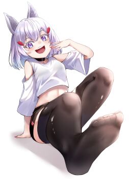 1girl :d absurdres animal_ears arm_cutout black_thighhighs breasts clothing_cutout collar commission cropped_shirt feet foreshortening fox_ears full_body highres m.tokotsu nail_polish no_shoes ojou-sama_pose open_mouth phase_connect pink_nails pixiv_commission purple_eyes shirt short_hair short_shorts short_sleeves shorts smile soles tenma_maemi thighhighs toes virtual_youtuber white_hair white_shirt