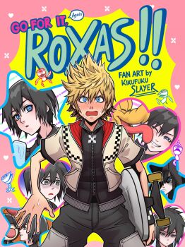 Rule 34 | 1boy, 1girl, animal, artist name, bags under eyes, black coat (kingdom hearts), black hair, blonde hair, blue eyes, blush, commentary, creature, disney, dog, dusk (kingdom hearts), english commentary, english text, food, ganbare! nakamura-kun!!, ganbare! nakamura-kun!! cover parody, highres, hood, hood up, jacket, kikufukuslayer, kingdom hearts, kingdom hearts 358/2 days, kingdom hearts iii, licking, moogle, nobody (kingdom hearts), official alternate costume, one eye closed, open clothes, open jacket, open mouth, parody, partially shaded face, pluto (disney), popsicle, roxas, short sleeves, sweat, tongue, tongue out, xion (kingdom hearts)
