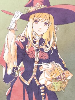 1girl character_request closed_mouth copyright_request dress gloves hat long_hair looking_at_viewer mikisato monochrome smile solo witch_hat