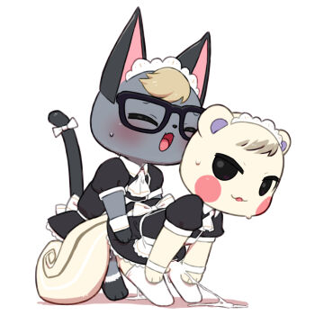 2boys animal_crossing animal_ears apron ascot bent_over black-framed_eyewear black_dress blonde_hair blush blush_stickers bow cat_boy cat_ears cat_tail censored closed_eyes crossdressing crossdressing_(mtf) cum cum_string dress furry furry_male furry_with_furry glasses maid maid_apron maid_headdress male_focus male_maid marshal_(animal_crossing) multiple_boys nintendo open_mouth penis raymond_(animal_crossing) senzoc sex simple_background squirrel_boy squirrel_ears standing standing_sex sweat tail tail_bow tail_ornament thighhighs trap white_background white_bow white_neckwear yaoi