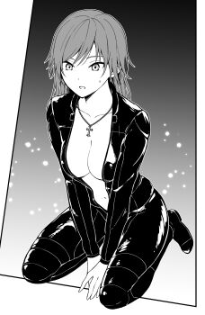 Rule 34 | 1girl, absurdres, biker clothes, bikesuit, bodysuit, breasts, cleavage, collarbone, commission, cross, cross necklace, full body, genderswap, genderswap (mtf), greyscale, highres, jewelry, kanden sky, long hair, monochrome, necklace, open bodysuit, open clothes, original, pixiv commission, seiza, sitting, solo