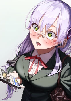 1girl absurdres bag blazer blush breasts cellphone collared_shirt earphones earpiece glasses green_eyes green_jacket hair_between_eyes hair_ornament hairclip heaven_burns_red highres holding holding_phone izumi_yuki_(heaven_burns_red) jacket kayamori_ruka kisaragi_yayoi_(ksrg_yayoi) large_breasts long_hair long_sleeves neck_ribbon open_mouth phone purple_hair red_ribbon ribbon rimless_eyewear round_eyewear school_bag school_uniform shirt simple_background smartphone solo upper_body white_shirt