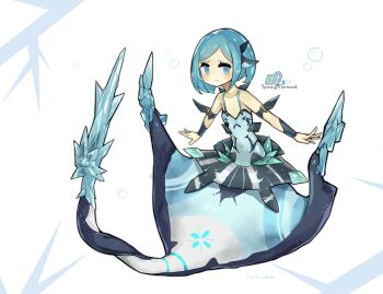 1girl absurdres arm_fins bare_shoulders blue_eyes blush character_name color_guide commentary_request covered_navel english_text fins flat_chest head_fins highres ice icicle kneeless_mermaid logo long_sidelocks looking_at_viewer manta_ray manta_ray_girl medium_hair mermaid monster_girl original parted_bangs shitoi_(aqua1487) sidelocks simple_background skirt solo spaghetti_strap tail translation_request wavy_mouth white_background wrist_guards