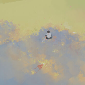 1other bangqiao_yan black_hair day from_above full_body hood hood_down hoodie kite muted_color neck_ribbon original outdoors ribbon scenery short_hair sitting solo white_hoodie