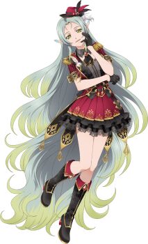 Rule 34 | 1girl, aqua hair, artist request, black boots, black dress, black gloves, blonde hair, boots, breasts, dress, full body, game cg, gloves, gold trim, green eyes, hat, highres, idol, idol clothes, long hair, looking at viewer, mini hat, multicolored dress, multicolored hair, muzet (tales), official alternate costume, official art, open mouth, pointy ears, red dress, red hat, smile, solo, tales of (series), tales of asteria, tales of xillia, third-party source, transparent background, two-tone hair, very long hair, yellow eyes