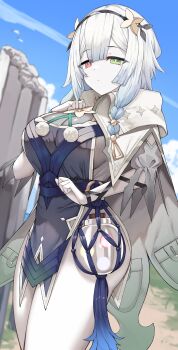 1girl absurdres atelier_(series) atelier_ryza atelier_ryza_2 breasts cleavage closed_mouth commentary_request commission green_eyes grey_hair hair_between_eyes hair_ornament heterochromia highres large_breasts long_hair looking_at_viewer orange_eyes outdoors serri_glaus skeb_commission solo thighs yamato_(muchuu_paradigm)