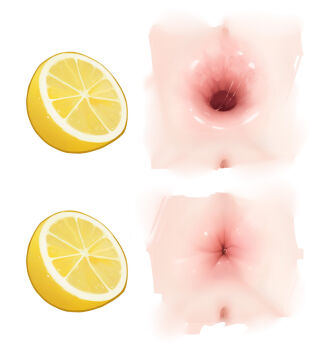 1girl anus before_and_after commentary english_commentary food fruit gaping highres lemon lemon_slice meme merrytail multiple_views pussy simple_background thour_(meme) white_background
