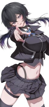 1girl :d absurdres aqui2002 black_hair black_jacket black_panties black_shirt black_skirt black_thighhighs breasts commentary cowboy_shot cropped_jacket cropped_shirt grey_eyes highleg highleg_panties highres jacket kamitsubaki_studio koko_(kamitsubaki_studio) large_breasts long_hair lying midriff miniskirt navel on_stomach open_clothes open_jacket open_mouth panties panty_straps pleated_skirt pointing pointing_at_viewer reaching reaching_towards_viewer shirt simple_background skirt smile solo thigh_strap thighhighs twintails underwear virtual_youtuber white_background zettai_ryouiki