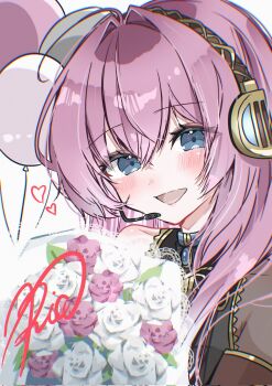1girl :d balloon black_shirt blue_eyes blush bouquet brooch commentary english_commentary flower hair_between_eyes hair_intakes headset heart highres jewelry megurine_luka open_mouth pink_flower pink_hair ria_art shirt signature smile solo tongue vocaloid white_flower