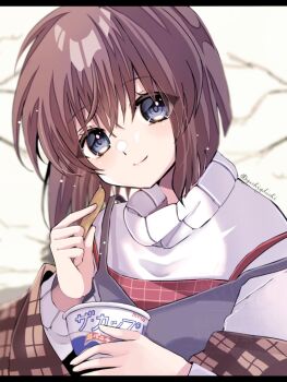 Rule 34 | 1girl, bare tree, black dress, blue eyes, blurry, blurry background, brown hair, brown shawl, checkered clothes, checkered dress, closed mouth, commentary request, dress, food, head tilt, ice cream, kanon, long sleeves, looking at viewer, misaka shiori, plaid clothes, plaid shawl, red dress, shawl, short hair, smile, snow, solo, spaghetti strap, sweater, tree, turtleneck, turtleneck sweater, white sweater, yuzuchi (yuchiyduchi)