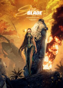 1girl 3d absurdres black_hair blunt_bangs bodysuit copyright_name eve_(stellar_blade) fire highres long_hair looking_up multicolored_bodysuit naytiba_(stellar_blade) official_art official_wallpaper orange_sky ponytail prototype_planet_diving_suit_(stellar_blade) sideless_outfit sky smoke stellar_blade