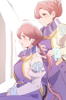 2girls absurdres apocalypse_hotel braiding_hair brown_hair dress hair_up hairdressing highres indoors long_hair long_sleeves multiple_girls puffy_long_sleeves puffy_sleeves purple_scarf riri_(dgra3272) scarf sitting striped_clothes striped_scarf very_long_hair yachiyo_(apocalypse_hotel)