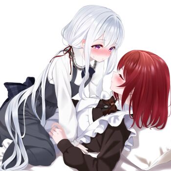 2girls apron bagel_sandica black_dress blush closed_eyes closed_mouth commentary_request dress highres long_hair long_sleeves maid maid_apron master_and_servant medium_hair multiple_girls pinafore_dress purple_eyes red_hair shirt shoujo_no_nozomanu_eiyuutan simple_background sleeveless sleeveless_dress straddling sweatdrop twintails very_long_hair white_apron white_background white_hair white_shirt yuri