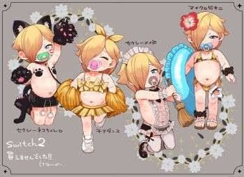 1girl animal_collar animal_ears animal_hands ankle_scrunchie baby_rosalina bell belt_collar bikini black_scrunchie black_skirt blonde_hair blue_eyes cat_ears cat_paws cat_tail center_frills character_request check_character cheerleader closed_eyes collar commentary_request dated_commentary fake_animal_ears fake_tail flat_chest frilled_innertube frilled_skirt frills gloves gold_bikini hair_over_one_eye highres holding holding_pom_poms innertube jingle_bell kereno kneeling leash loli maid maid_headdress mario_(series) miniskirt multiple_views navel neck_bell nintendo pacifier pasties paw_gloves paw_pasties paw_shoes pleated_skirt pom_pom_(cheerleading) pom_poms red_collar rosalina sandals scrunchie shoes short_hair side-tie_bikini_bottom skirt sneakers swim_ring swimsuit tail thighhighs toes translation_request unconventional_maid white_shoes white_thighhighs wrist_scrunchie yellow_skirt