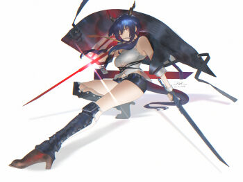 Rule 34 | 1girl, arknights, ch'en (arknights), commentary request, danzir, dragon girl, dragon horns, dragon tail, highres, holding, holding weapon, horns, id card, jacket, looking at viewer, open clothes, open jacket, shirt, simple background, sword, tail, thigh focus, thighs, weapon, white background, white shirt