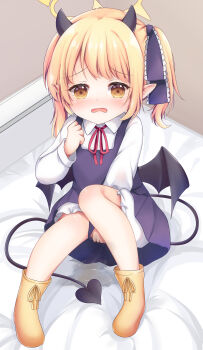 1girl absurdres black_wings blonde_hair bloomers blue_archive blush collared_shirt demon_girl demon_horns demon_tail demon_wings dress grandapple71 halo highres horns ibuki_(blue_archive) loli long_sleeves neck_ribbon open_mouth peeing peeing_self pinafore_dress pointy_ears red_ribbon ribbon shirt sleeveless sleeveless_dress solo tail underwear white_bloomers white_shirt wings yellow_eyes yellow_halo