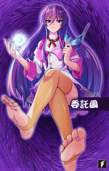 Rule 34 | 1girl, artist logo, battle spirits, battle spirits: brave, crossed legs, eyelashes, female focus, gem, hair between eyes, holding, logo, long hair, looking at viewer, nail polish, purple background, purple eyes, purple hair, purple nails, purple skirt, shinomiya mai, sitting, skirt, soles, stirrup legwear, teng zhai zi, thighhighs, toeless legwear, toenails, toes, very long hair
