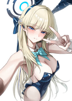 1girl 4meart0112 absurdres animal_ear_hairband animal_ears aqua_bow aqua_bowtie blonde_hair blue_archive blue_eyes blue_halo blue_leotard blush bow bowtie breasts commentary fake_animal_ears fake_tail hairband halo highres leotard long_hair looking_at_viewer official_alternate_costume playboy_bunny rabbit_ear_hairband rabbit_ears rabbit_tail simple_background solo strapless strapless_leotard tail thighhighs toki_(blue_archive) toki_(bunny)_(blue_archive) v white_background white_thighhighs white_wrist_cuffs wrist_cuffs