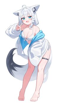 1girl :3 :d absurdres ahoge animal_ear_fluff animal_ear_piercing animal_ears aqua_eyes barefoot bikini blue_jacket braid breasts cleavage commentary_request crossed_bangs deaver double-parted_bangs feet fox_ears fox_girl fox_shadow_puppet fox_tail front-tie_bikini_top front-tie_top full_body hair_between_eyes halterneck hand_in_pocket hand_up highres hololive jacket leaning_forward long_hair looking_at_viewer low_ponytail medium_breasts open_clothes open_jacket open_mouth pentagram ponytail shirakami_fubuki side-tie_bikini_bottom side_braid simple_background single_braid smile solo swimsuit tail thigh_strap two-sided_fabric two-sided_jacket very_long_hair virtual_youtuber white_background white_bikini white_hair white_jacket