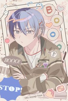 Rule 34 | 1boy, aoyagi touya, barcode, blue hair, booo! (vocaloid), buttons, cherry, collared shirt, commentary request, cookie, copyright name, crossed arms, dark blue hair, earrings, fingernails, flower, food, fruit, hair ornament, hairpin, heart, highres, jewelry, korean commentary, long sleeves, looking at viewer, male focus, mole, mole under eye, multicolored hair, multiple hairpins, mumat 39, musical note, necklace, official alternate costume, pout, project sekai, pudding, ring, shirt, short hair, solo, split-color hair, spoken musical note, strawberry, two-tone hair, upper body