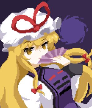 Rule 34 | 1girl, blonde hair, bow, commentary request, dress, gozen 0416, hair bow, hand fan, hat, highres, holding, holding fan, long hair, looking at viewer, mob cap, paper fan, pixel art, purple background, purple tabard, red bow, sidelocks, solo, tabard, touhou, white dress, white hat, yakumo yukari, yellow eyes