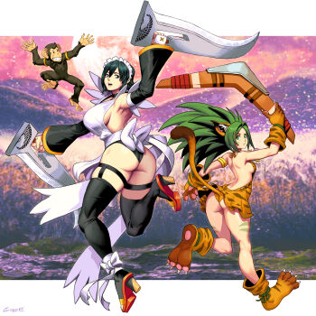 2girls absurdres animal_ears animal_hands animal_print apron ass bandages_over_clothes black_hair black_thighhighs blue_eyes boomerang breasts butterfly_swords cat_ears cham_cham choker cleavage commission fang flipped_hair frilled_leotard frills genzoman gloves green_eyes green_hair highres huge_breasts iroha_(samurai_spirits) japanese_clothes lace-trimmed_apron lace_trim large_breasts leotard leotard_under_clothes long_hair looking_at_viewer maid maid_headdress maid_leotard medium_breasts monkey multiple_girls multiple_swords okobo open_mouth paku_paku paw_gloves paw_shoes platform_sandals revealing_clothes samurai_spirits sandals shiny_skin shoes short_hair snk tail thighhighs thighs tiger_ears tiger_girl tiger_paws tiger_print tiger_tail toeless_legwear unconventional_maid weapon wide_hips