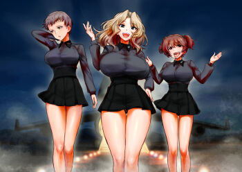 absurdres aircraft airplane alisa_(girls_und_panzer) blonde_hair blue_eyes blush breasts brown_eyes brown_hair freckles girls_und_panzer hand_on_own_hip highres kay_(girls_und_panzer) kuromorimine_school_uniform large_breasts long_hair miniskirt nabeyu naomi_(girls_und_panzer) open_mouth outdoors school_uniform short_hair skirt sky smile tongue tongue_out twintails