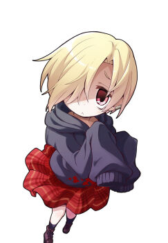 10s 1girl :&lt; akaneya bags_under_eyes black_socks blonde_hair blush earrings female_focus hair_over_one_eye hood hoodie idolmaster idolmaster_cinderella_girls jewelry long_sleeves looking_at_viewer red_eyes shirasaka_koume short_hair skirt sleeves_past_wrists socks solo