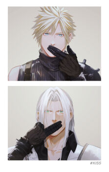 2boys armor armored_gloves black_coat blonde_hair blue_eyes blue_shirt boooshow border cloud_strife coat earrings final_fantasy final_fantasy_vii final_fantasy_vii_remake finger_to_another&#039;s_mouth fingers_to_mouth green_eyes grey_background grey_hair hair_between_eyes highres indirect_kiss jewelry long_hair male_focus multiple_boys parted_bangs pauldrons sephiroth shirt short_hair shoulder_armor single_bare_shoulder single_earring single_pauldron slit_pupils spiked_hair suspenders upper_body white_border yaoi
