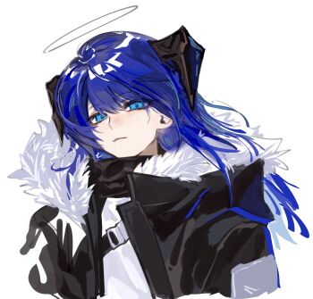 Rule 34 | 1girl, absurdres, arknights, black jacket, blue eyes, blue hair, closed mouth, commentary request, demon horns, fur-trimmed hood, fur trim, halo, highres, hood, horns, jacket, long hair, looking at viewer, mostima (arknights), simple background, solo, tetsu ed, upper body, white background