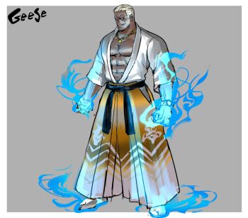 Rule 34 | 1boy, blonde hair, blue eyes, character name, dougi, fatal fury, fatal fury: city of the wolves, full body, geese howard, gold wristwatch, hair slicked back, hakama, hakama skirt, japanese clothes, jewelry, male focus, muscular, necklace, official art, reference sheet, short hair, simple background, skirt, smile, snk, standing