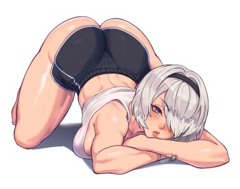 1girl 2b_(nier:automata) :/ absurdres alternate_costume artist_name ass barefoot black_hairband black_shorts blue_eyes blush breasts closed_mouth commentary dolphin_shorts feet grey_hair hair_over_one_eye hairband highres large_breasts looking_at_viewer luchidart mole mole_under_mouth nier:automata nier_(series) no_blindfold one_eye_covered shadow short_hair short_shorts shorts simple_background solo tank_top toes top-down_bottom-up underbutt untranslatable_commentary white_background white_tank_top