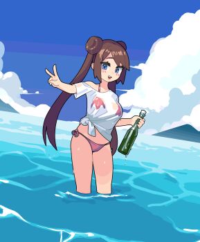 1girl alternate_breast_size bikini blue_eyes blue_sky bottle breasts brown_hair chikuwa_fan973 cloud commentary day double_bun english_commentary engrish_commentary hair_bun highres holding holding_bottle large_breasts mountain nintendo ocean pink_bikini pokemon pokemon_bw2 rosa_(pokemon) see-through_clothes see-through_shirt shirt side-tie_bikini_bottom sky solo swimsuit thong thong_bikini tied_shirt twintails v wading wet wet_clothes wet_shirt