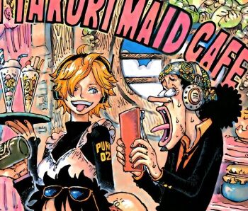 1girl black_hair breasts cup drink drinking_glass hair_over_one_eye hat long_nose looking_at_another maid monkey_d._luffy official_art one_piece orange_hair sunglasses surprised sweat tongue tongue_out usopp vegapunk_lilith wine_glass