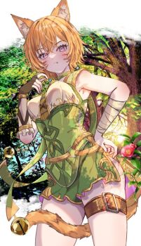 1girl animal_ears arm_wrap bell blush breasts brown_gloves cat_ears cat_girl cat_tail choker closed_mouth commentary dress facial_mark fang fingerless_gloves fire_emblem fire_emblem:_path_of_radiance fire_emblem:_radiant_dawn flower fuussu_(21-kazin) gloves green_choker green_dress hand_on_own_hip laguz_(fire_emblem) lethe_(fire_emblem) medium_breasts nintendo orange_hair orange_tail purple_eyes short_hair single_fingerless_glove sleeveless solo tail thigh_strap whisker_markings