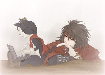 1boy biting_another's_tail black_hair boots brown_boots cait_sith_(final_fantasy) cape cat cloak commentary_request computer final_fantasy final_fantasy_vii final_fantasy_vii_rebirth final_fantasy_vii_remake from_side hair_between_eyes headband highres laptop long_hair looking_at_another male_focus miniskirt msa_mne profile red_cape red_cloak red_eyes red_headband sitting skirt tail upper_body vincent_valentine