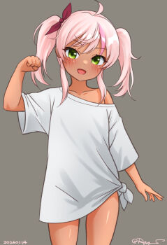 1girl bare_legs comandante_cappellini_(kancolle) commentary_request cowboy_shot dark-skinned_female dark_skin dated green_eyes grey_background kantai_collection long_hair looking_at_viewer multicolored_hair no_bra no_panties open_mouth pink_hair ray.s shirt smile solo streaked_hair twintails twitter_username