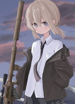 1girl ahoge black_necktie black_skirt blue_sky blush bolt_action breast_pocket brown_jacket cheytac_m200 cloud cloudy_sky commentary double-parted_bangs dress_shirt girls'_frontline grey_hair gun hair_between_eyes hands_in_pockets highres jacket looking_at_viewer low_ponytail m200_(girls'_frontline) magazine_(weapon) medium_hair necktie off_shoulder open_clothes open_jacket pleated_skirt pocket ponytail pout purple_eyes railing rifle scope shirasu_(sirasuillust) shirt sidelocks skirt sky sniper_rifle solo upper_body weapon white_shirt