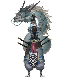 1other absurdres belt covered_face creature dragon dragon_horns eastern_dragon full_body hair_ornament hairpin highres horns katana machine monte_tako multiple_hairpins original other_focus ponytail red_eyes simple_background sword tassets weapon white_background