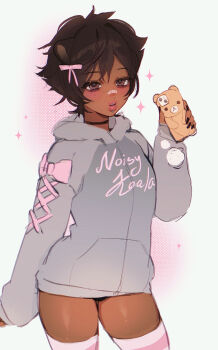 1girl aegyo_sal animal_ears artist_name bandaid bandaid_on_face bandaid_on_nose bear_ears bear_girl black_choker black_nails brown_eyes brown_hair choker commentary cowboy_shot dark-skinned_female dark_skin double-parted_bangs english_commentary eyelashes face_piercing fingernails four-pointed_star freckles grey_hoodie hair_ribbon halftone halftone_background hand_up highres holding holding_phone hood hoodie labret_piercing light_blush long_fingernails looking_at_viewer noisykoala original oversized_clothes parted_lips phone phone_with_ears piercing pink_ribbon pink_thighhighs pixie_cut ribbon rika_(noisykoala) shiny_skin sketch skindentation sleeve_ribbon smartphone_case striped_clothes striped_thighhighs teeth thick_lips thighhighs upper_teeth_only white_background